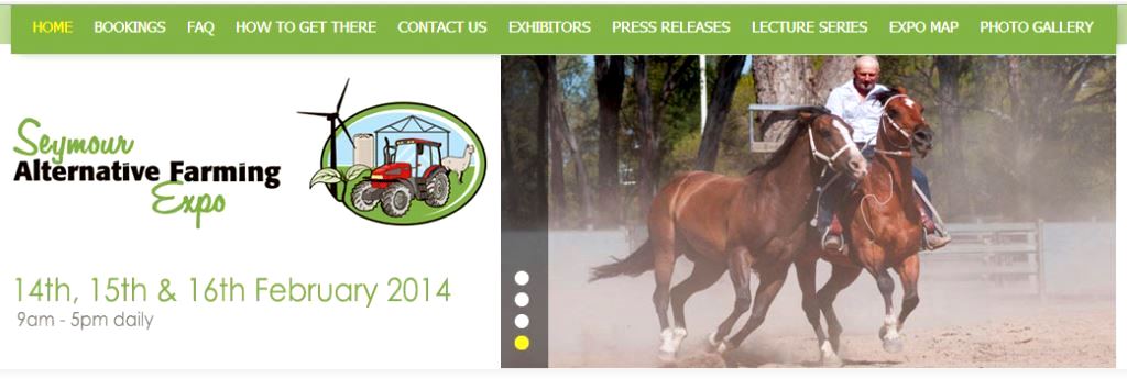 Seymour Alternative Farming Expo website Seymour-Expo.com banner logo red tractor 2 horses running riding farmer stockman 2014