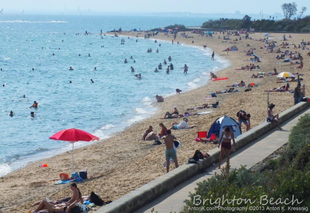 Brighton Beach Melbourne heatwave photo people swimming sunbaking red umbrella Port Phillip Bay bikini girls