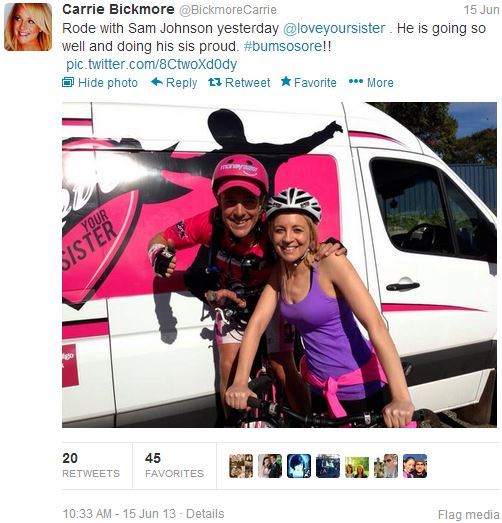 Carrie Bickmore Twitter Johnson tweet Sam bikes white van pink love your sister purple singlet cute blonde girl Projectv