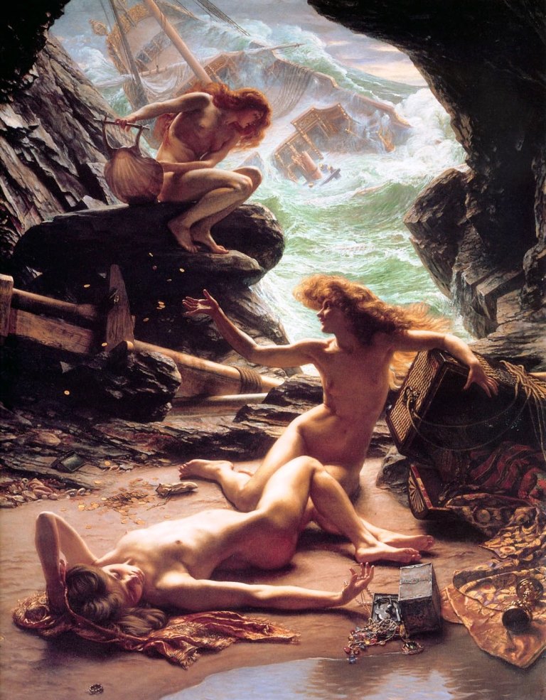 Cave of the Storm Nymphs nudes painting Edward Poynter ship wreck treasure cove naked girls women beach sea ocean waves