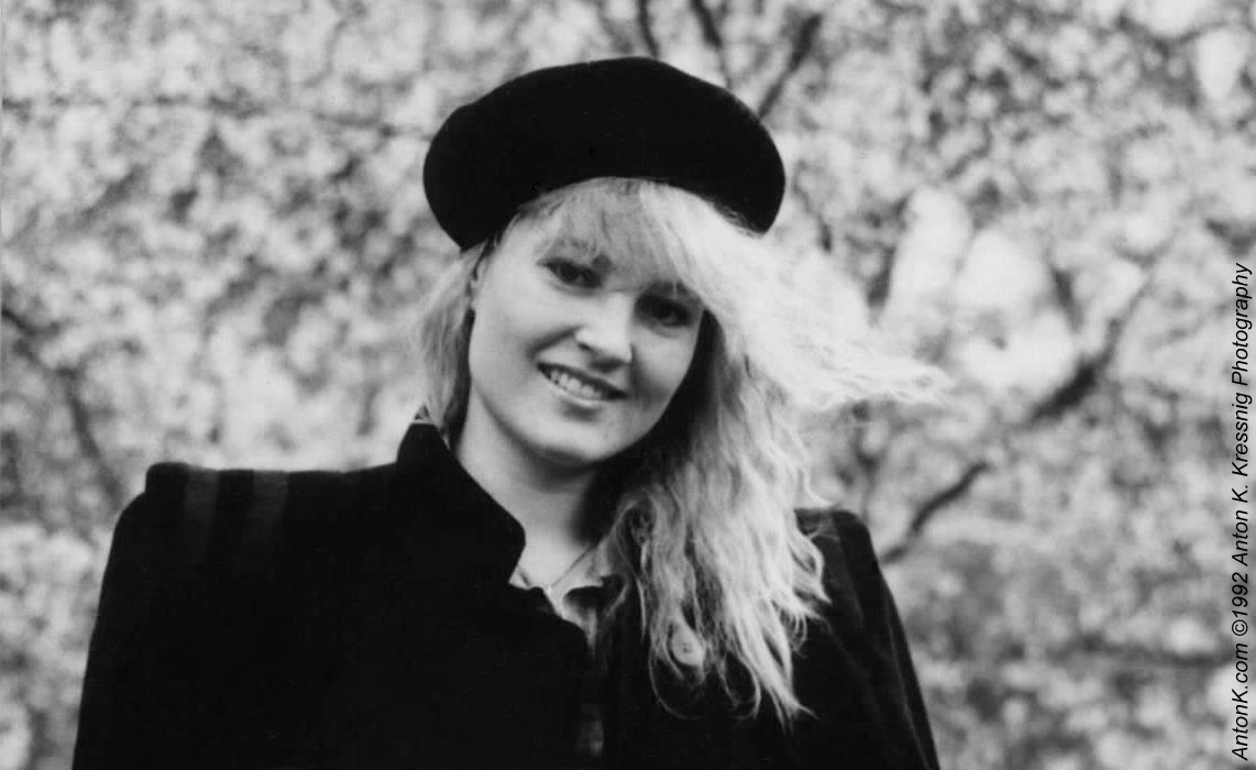 Chris Stein German model Clarissa hat coat 1990s fashion pretty blonde black & white photo by Anton K Australia 1992