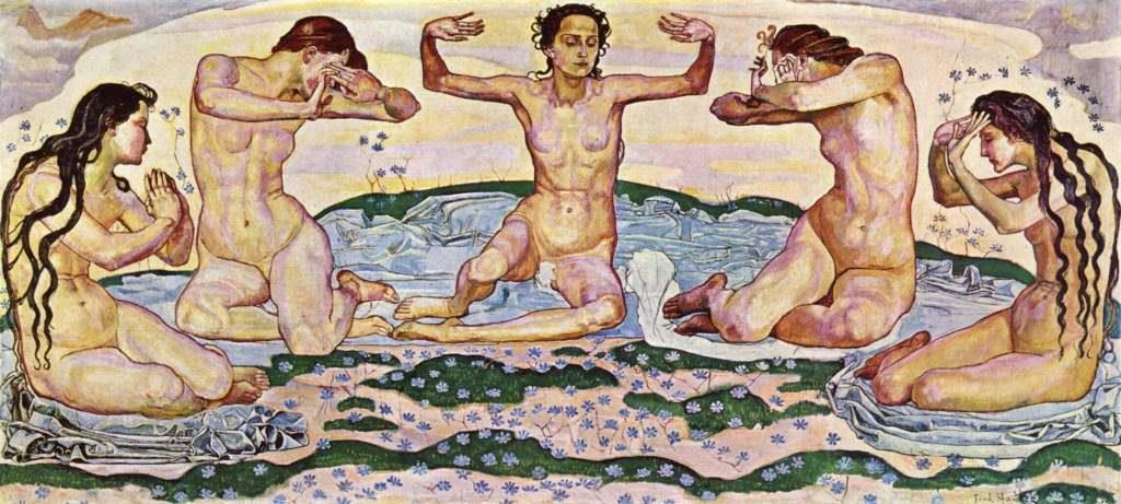 Der Tag The Day oil painting canvas Ferdinad Hodler naked women nude yoga dancing praying
