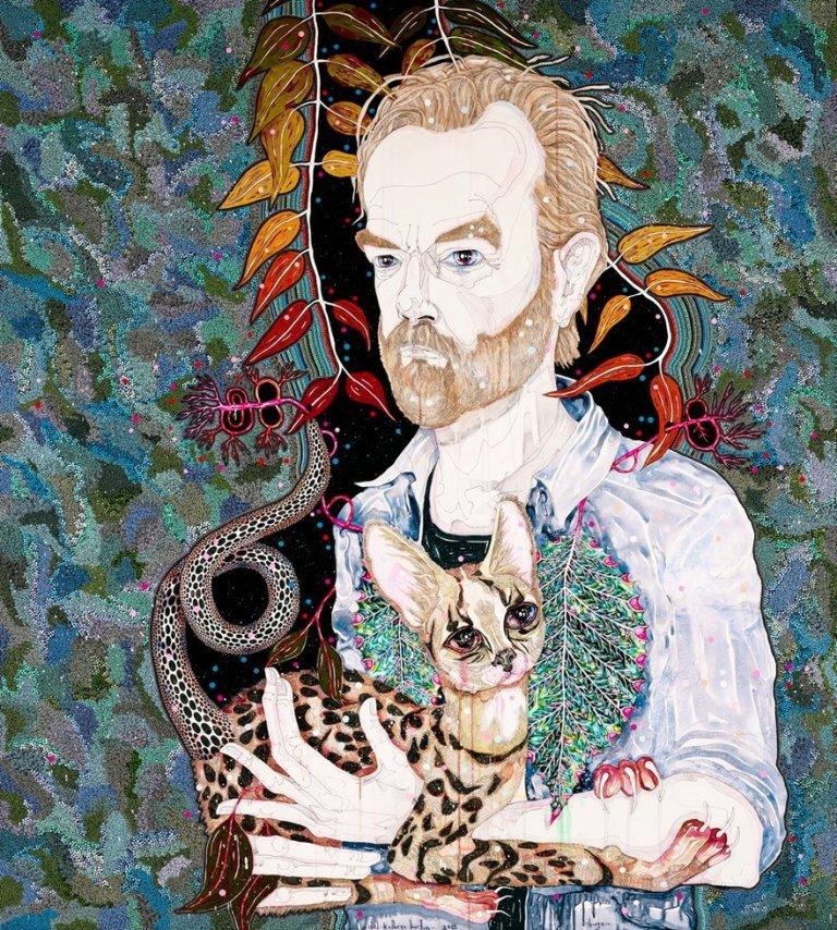 Hugo Weaving winning 2013 Archibald Prize acrylic portrait painting by Del Kathryn Barton holding cat colour leaves