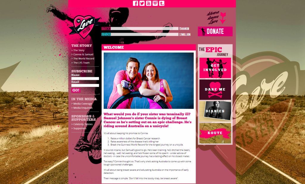 Riding Unicycle World Record Samuel Johnson Love Your Sister .org website Connie Breast Cancer Research donate pink