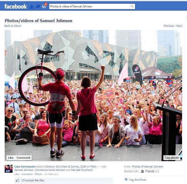 Sam Johnston Love Your Sister Connie Federation Square Melbourne big crowd World record unicycle ride Australia breast cancer pink