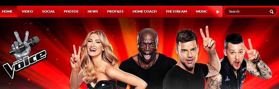 The Voice .com.au Australia 2013 website Delta Goodrem Seal Ricky Martin Joel Madden coaches black clothes red banner cover