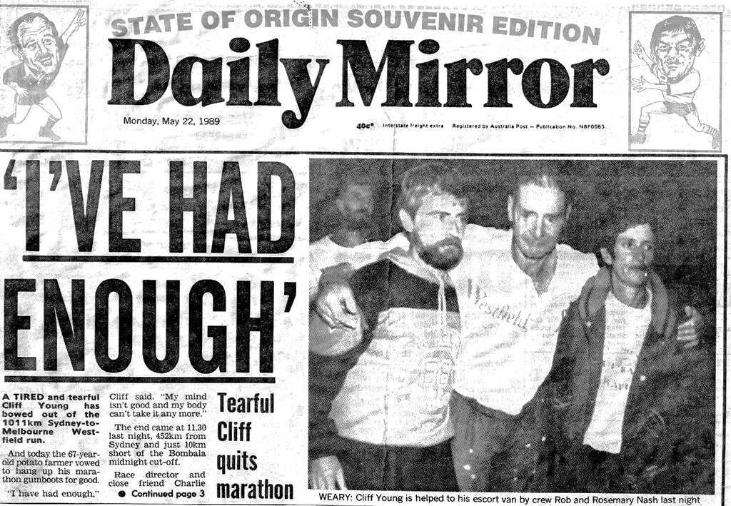 Cliff Young I have had enough Daily Mirror news headline front page story photo 1989 Sydney to Melbourne marathon run