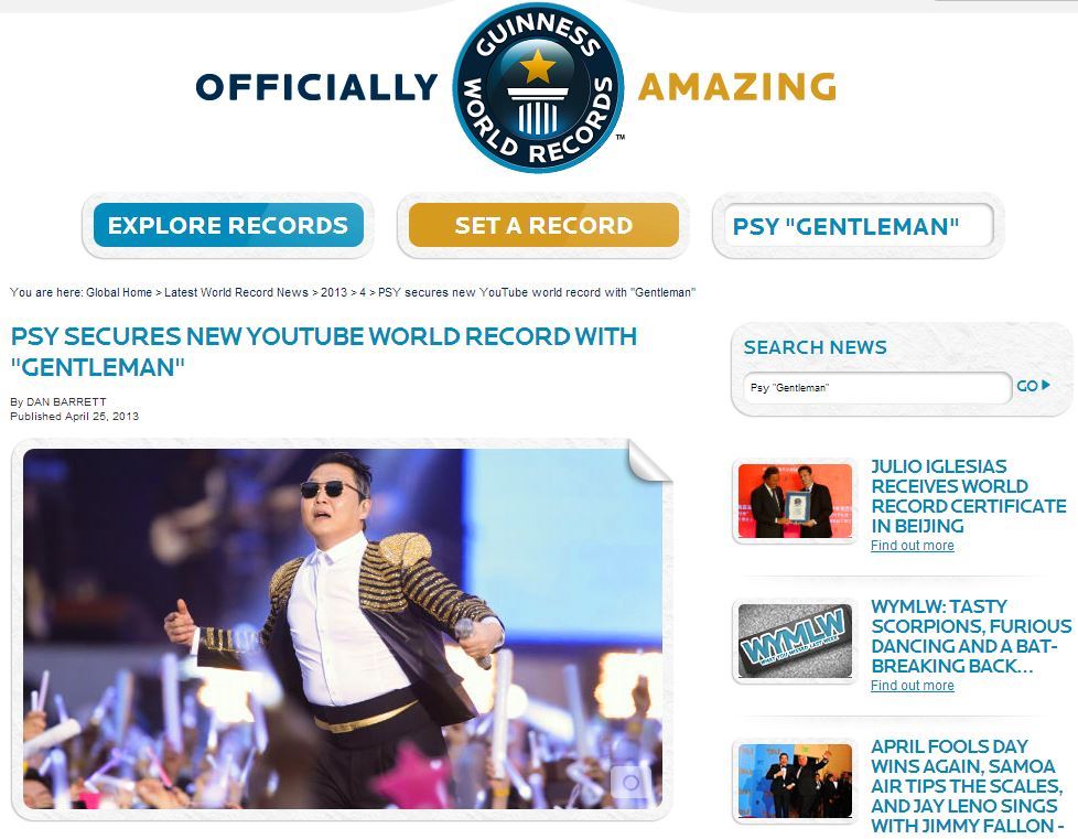 Guinness World Records.com website Psy new YouTube World Record Gentleman song 2013 performing concert singing
