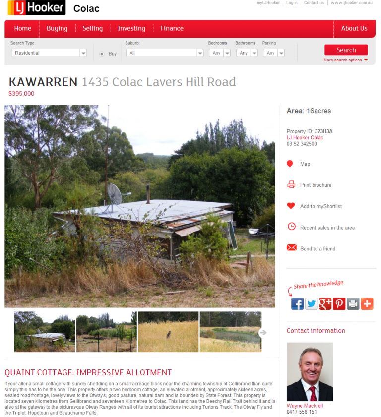 LJ Hooker Colac real estate website Cliffy Young farm property for sale Kawarren Lavers Hill Road cottage 16acres