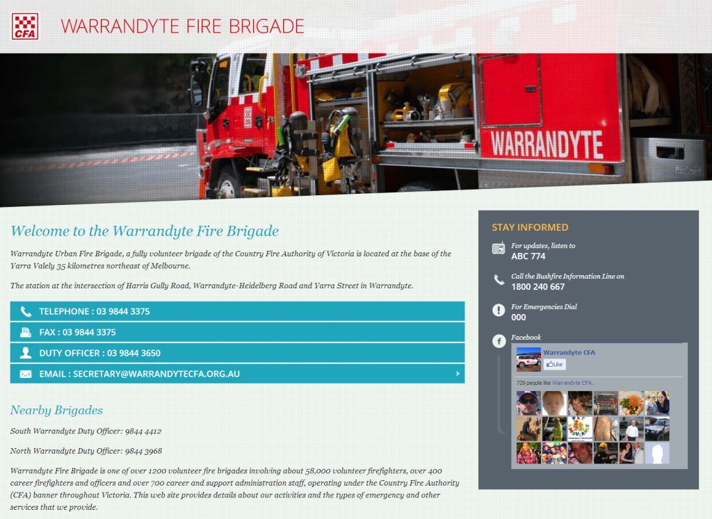 CFA Warrandyte Fire Brigade website firefighters truck Harris Gully Road Yarra Street bushfire information emergency vehicle