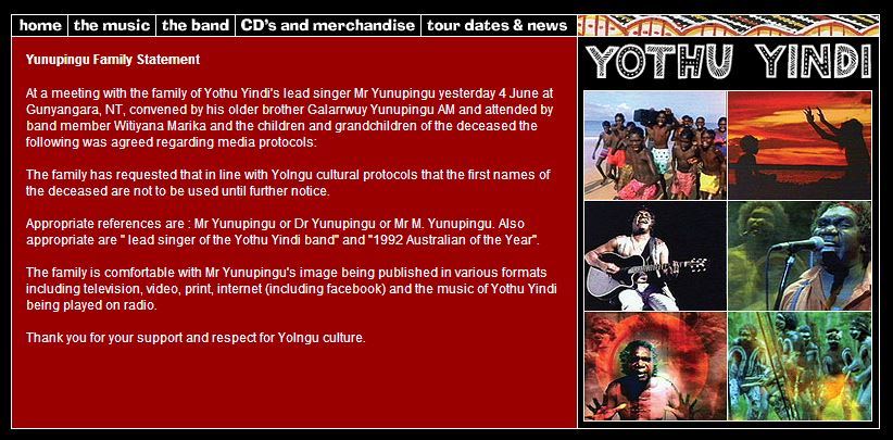 YothuYindi.com official website Mr Yunupingu Media Protocol message music band CDs merchandise tour dates news