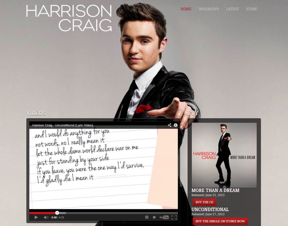www. Harrison Craig Official.com website home page More Than A Dream Unconditional song lyrics video youtube screenshot 2013