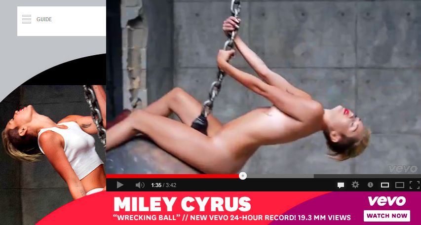 Miley Cyrus Wrecking Ball New Vevo 24hour record 19.3million views naked female swinging nude woman chain nudity 2013