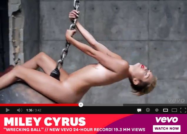 Miley Cyrus Wrecking Ball New Vevo 24hour record 19.3million views naked girl swinging nude chain nudity 2013