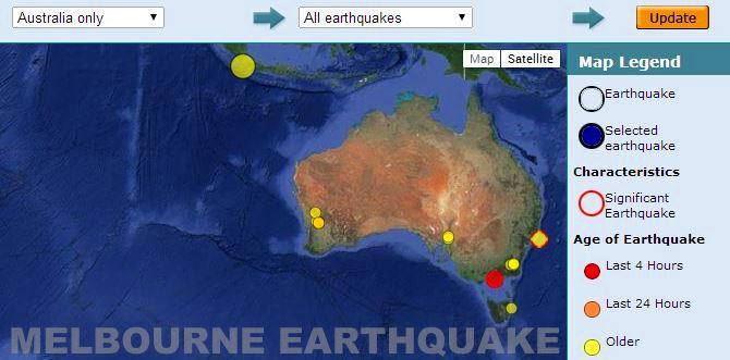 Melbourne earthquake Australia map magnitude 2.7 epicentre Geoscience Australia details GA gov au website Earthquakes satellite locations