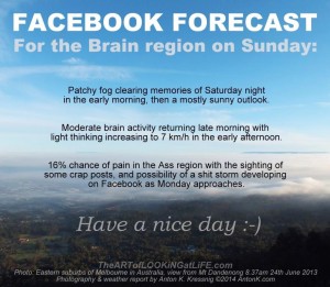 Facebook Forecast brain region Sunday blue sky weather report fog clouds Melbourne Mt Dandenong funny meme photo AntonK