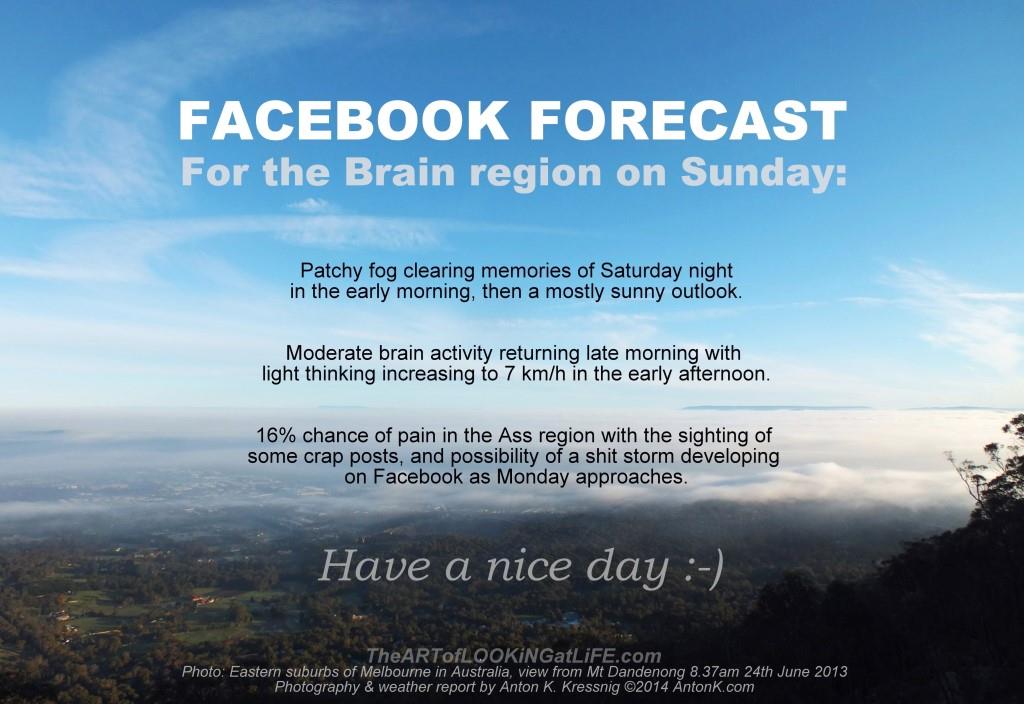 Facebook Forecast brain region Sunday blue sky weather report fog clouds Melbourne Mt Dandenong funny photo AntonK