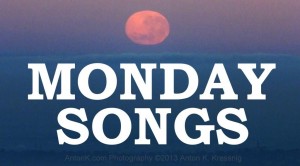 Monday Songs pink full Moon blue banner photo bold white type heading about music AntonK