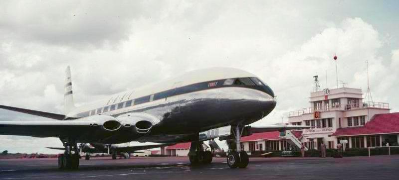 The World's first jet airliner, the De Havilland Comet 1, during the maiden flight  from London to Johannesburg, at Entebbe Airport in Uganda 1952 (photo from Imperial War Museums