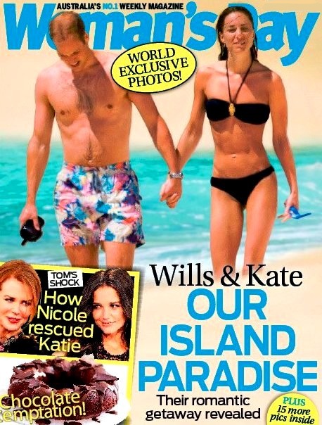 Prince William Kate Middleton beach honeymoon island Seychelles Woman's Day magazine cover skinny black bikini photo (not pregnant no baby bump)