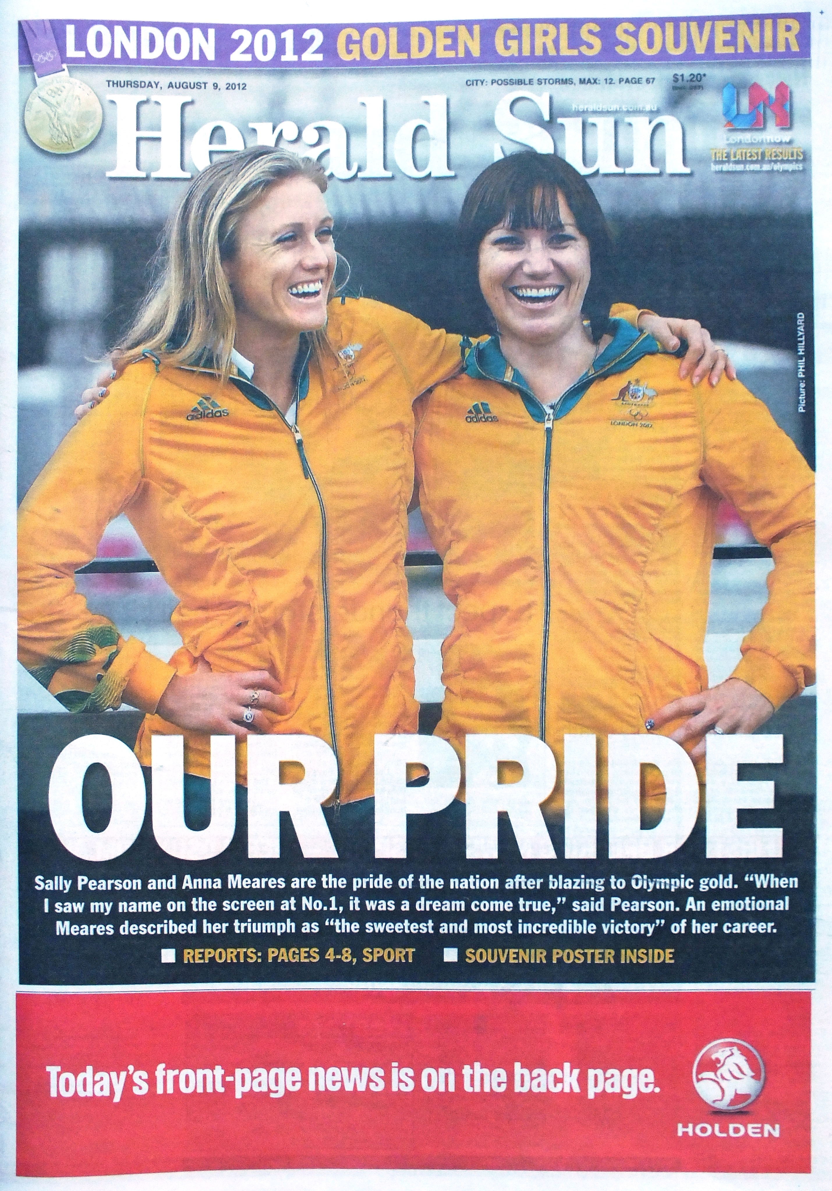 Sally Pearson Anna Meares Australian winners gold medal Women's 100m Hurdles Sprint Cycling 2012 London Olympics Herald Sun newspaper