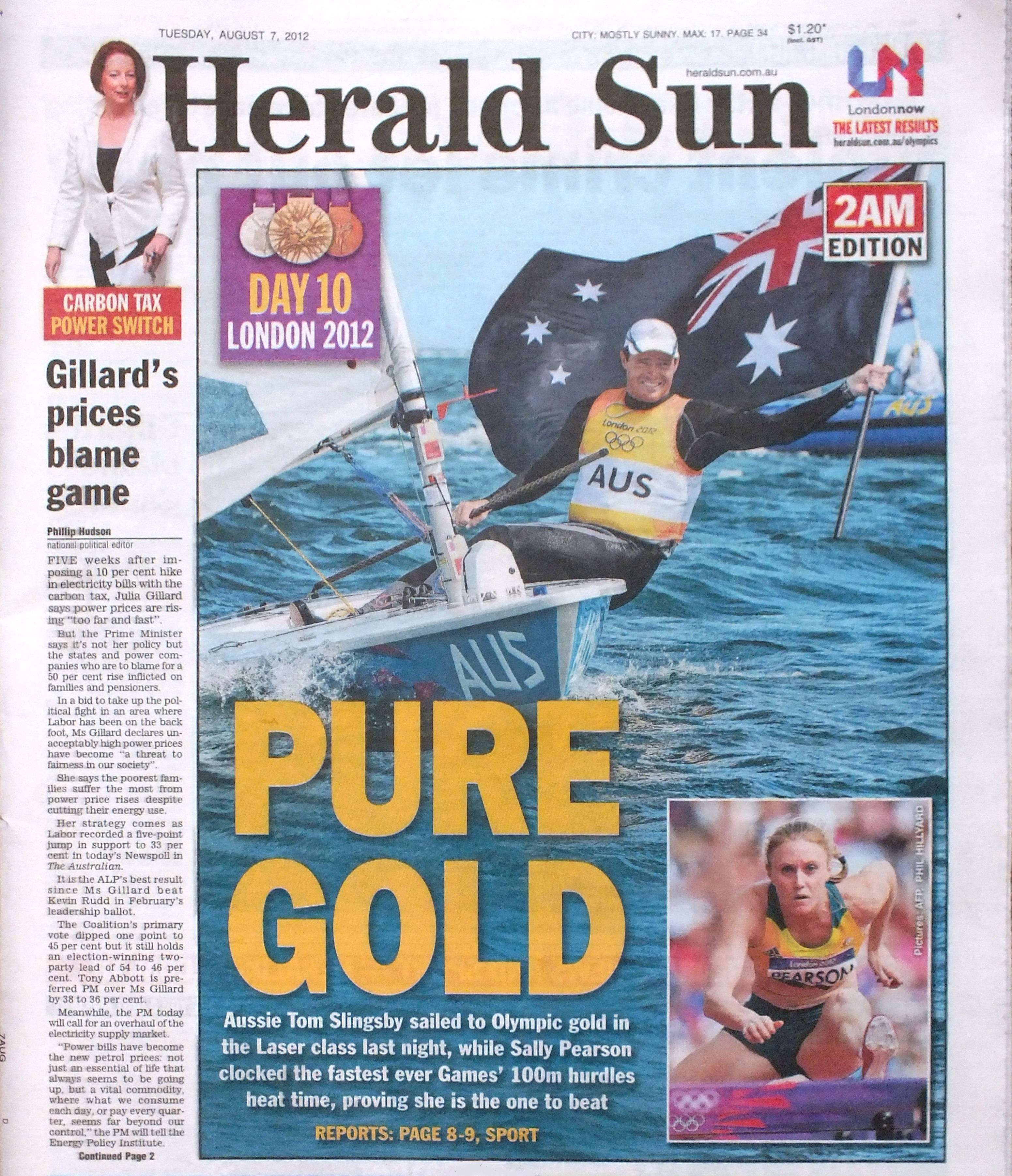 Tom Slingsby Australia won gold medal 2012 London Olympics Laser sailing class dinghy sail boat racing Herald-Sun newspaper