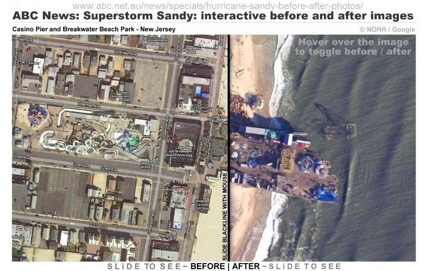 ABC News Superstorm Sandy interactive before & after photo Hurricane Casino Pier Breakwater Beach Park Seaside Heights NJ New Jersey Shore damage aerial NOAA Google 2012 image photos