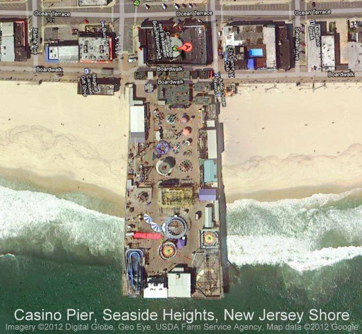 Boardwalk Casino Pier Seaside Heights NJ New Jersey Shore coast beach North Atlantic Ocean aerial satelite before photo Sandy storm 2012 Google Maps