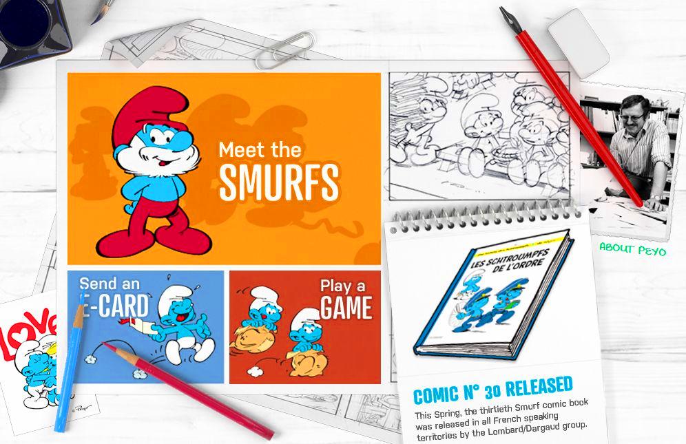 The Smurfs .com official website Les Schtroumpfs Belgian comic television cartoon TV blue characters cartoonist Peyo artist colour pencils art pen