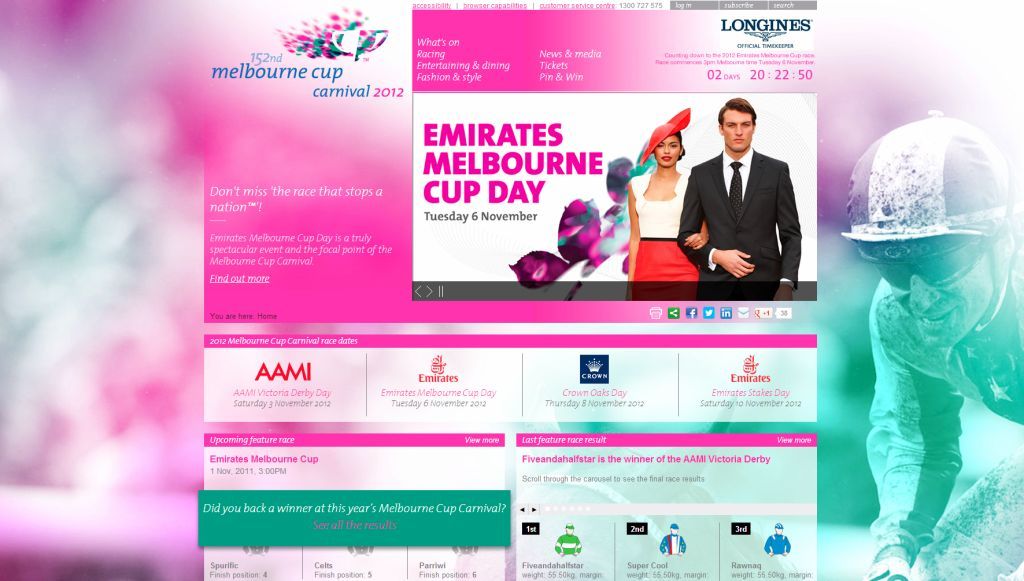 Melbourne Cup.com website Emirates Cup Day 2012 horse race jockey racing pink Tuesday 6 November lady red dress hat man black suit